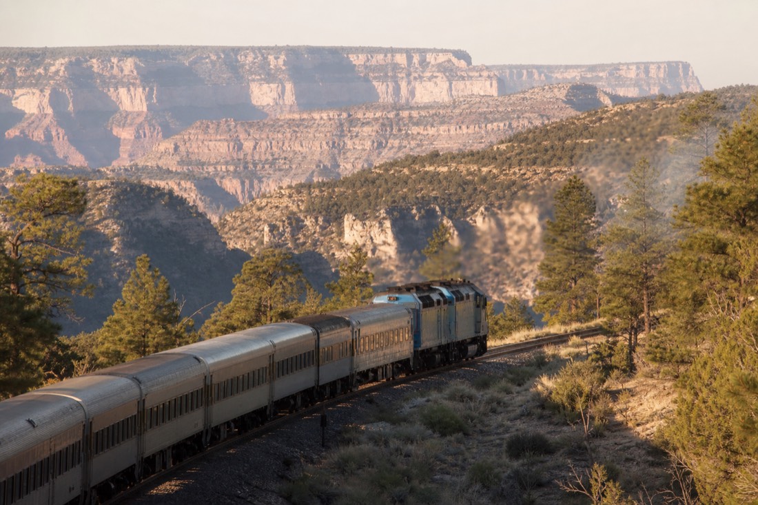 Vintage passenger train rolling through high-desert pine country between Williams and the Grand Canyon