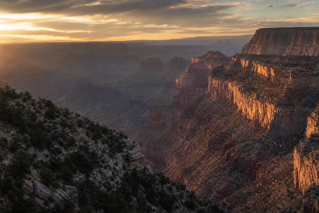 Evening light flooding the western canyon from a Hermit Road overlook, rock layers stacked in gold and violet