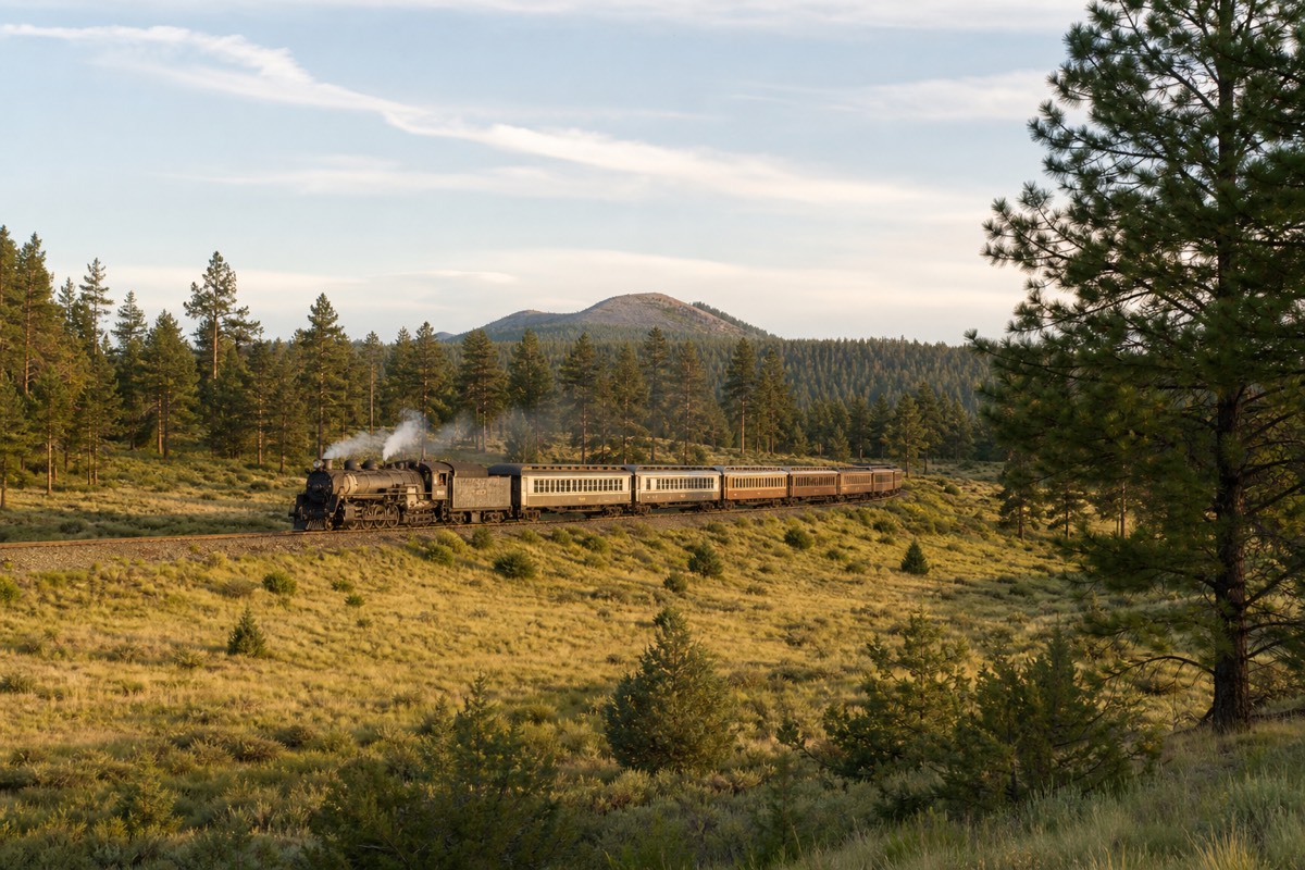 A vintage passenger train rolling through ponderosa pine country on its way to the Grand Canyon