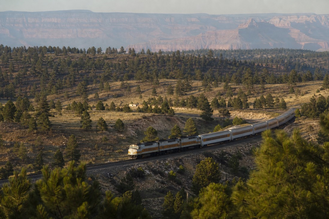 The Grand Canyon Railway train rolling through open pine country between Williams and the South Rim