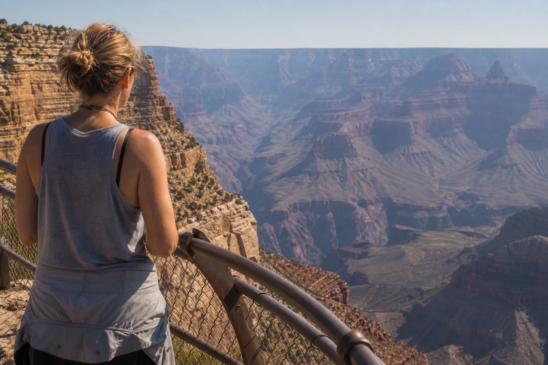 A visitor standing at a South Rim overlook railing at midday with layered canyon walls receding into haze